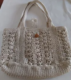 Handmade Beige Crochet Tote Bag with Wooden Button