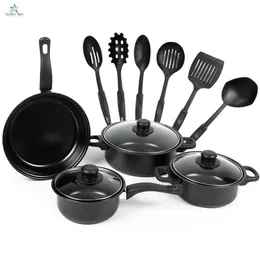 13 Pieces Non-Stick Cookware Set with Glass Lids and Spatulas – Black