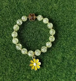 Handcrafted Elegant Yellow Crackle Beads Stretch Bracelet with Cute Flower Charms, Stylish Women's Fashion Jewelry, Perf