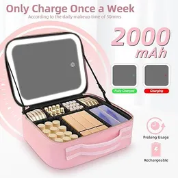 LED Lighted Makeup Bag with Mirror – Travel Cosmetic Train Case Organizer with Adjustable Dividers & Brush Holder – Port