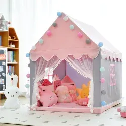 CUTE CASTLE PLAY TENT FOR KIDS WITH POM-POMS, FOLDABLE & PORTABLE POP-UP PLAYHOUSE FOR INDOOR/OUTDOOR USE