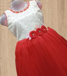 Fashion Girls White And Red Net Made Midi/knee Length Sleeveless Frock