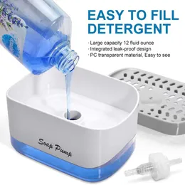 2-in-1 Countertop Dish Washing Liquid Soap Dispenser Pump With Sponge Holder Hand Sink Caddy Organiser Tidy – White