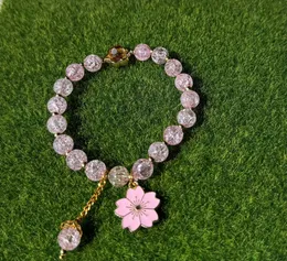 Handcrafted Elegant Pink Crackle Beads Stretch Bracelet with Cute Flower Charms, Stylish Women's Fashion Jewelry, Perfec