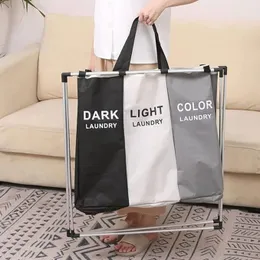 Laundry Basket 3 Sections Laundry Basket Laundry Hamper Clothe Sorter Bin Foldable Waterproof Organizer Bag with Aluminu