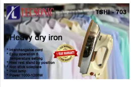 TECSONIC TSHI703 Heavy Dry Iron – 1200W Non-Stick Soleplate with 6 Temperature Settings