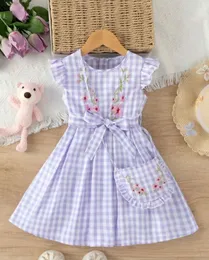 Gingham Print Dress with Floral Embroidery & Hand Bag Size - 5-6 Year