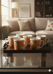 Set of 6 Ceramic Coffee Mugs – Orange & Brown with Cotton Flower Design