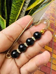 Gold Color Saree Pin with Black Shine Round Design & 4 Pearl Big Brooch for Women