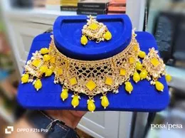 Gold-Plated Kundan Choker Necklace Set with Yellow Beads & Maang Tikka