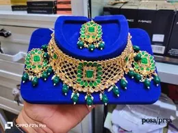 Gold-Plated Bridal Choker Set with colour Stones & Beads â Earrings & Maang Tikka Included
