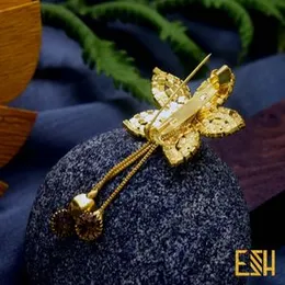 LCD Gold Stone Flower Brooch with Hanging Chain – High Quality Gold Color for Women