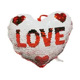 red and white reversible sequin heart-shaped "LOVE" cushion.(medium sized)
