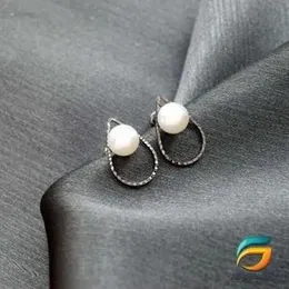 Earrings For Women Water Drop Theme Black Silver Plated Stud Earrings With Pearl.