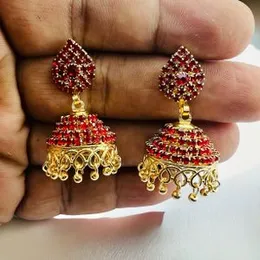 Gold Plated Jimikki Earrings with Red 4-Line Fixed Stone for Women (Gift Jewelry)