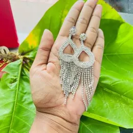 Silver Color Long Tassel Drop Earrings with Sparkly Rhinestone Crystal White Teardrop for Women & Girls