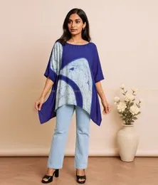 Dark Purple with Cyan and white Silk Batik Kaftan