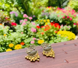 Dull gold and silver color peacock design tassel drop earring with gold beaded for women and girl