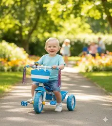 Kids Tricycle with Basket & Streamers â Blue & White  Ride-On Toy with Rear Storage | Indoor & Outdoor Use