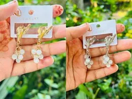 Silver Color Round Five White Pearl Drop Earrings with Leaf Head for Women and Girls.