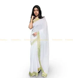 White With Green Line Boarder ORGANZA COTTON