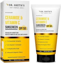 Dr. Sheth's Ceramide and Vitamin C Sunscreen SPF 50+ Pa+++ In-Vivo Tested | For Bright Skin and Healthy Glow | Non-Greasy, Quick-Absorbing, No White C