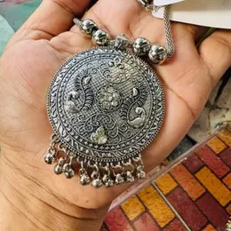 Oxidized Silver Color 20-Inch Short Chain with Big Round Pendant & Silver Beaded Necklace for Women & Girls