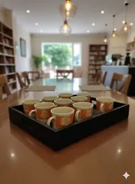 Set of 6 Speckled Ceramic Mugs â Orange & White with Floral Design