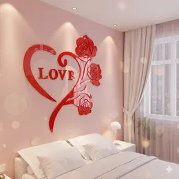Love Rose 3D Crystal Acrylic Mirror Sticks Room Bedroom Warm Romantic Wedding Ideas Decoration Wall Sticker Rose Red