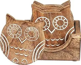 Kesha Woodkraft Wooden Handcrafted Owl Design Coasters for Drinks-Hot & Cold/Wooden Coaster Sets with Holder/Dining, Tea & Coffee Table Decora