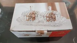 Mevanta brand crystal-cut glass sugar bowl and candy pot set