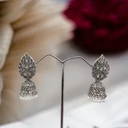 Silver Leaf Design Bollywood Jimikki Earrings with Pearl Beads & White Stone for Women and Girls