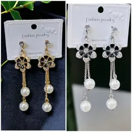 Gold & Silver Black Flower Long Tassel Pearl Drop Earrings for Women and Girls