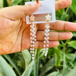 Silver & Gold Star Head Pearl Long Tassel Drop Earrings – Western Style for Women and Girls
