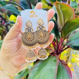 Dull gold and oxidize color uncommon long tassel beautiful jimikky earring with white pearls for women and girl