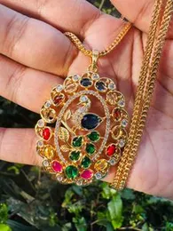 Gold plated 3mm 18/24-inch fox chain and beautiful big peacock pendant with multi stone for women