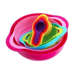 Plastic Mixing Bowls with Measuring Cups Colorful Nesting Bowls Set with Handles Colander Sifter for Kitchen, 8 Pieces (Rainbow Color)