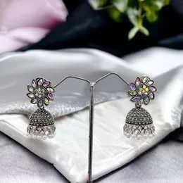 Silver Bollywood Jimikki Earrings with White Pearl & Multi Stone for Women and Girls
