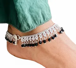 Silver Plated Traditional pair of Kamal Type Anklet, pada salan Foot Jewelry Payals Kolusu With Hanging Type Black pearl for Women