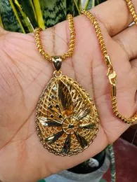 Gold Plated Rich Look 3MM Rope Chain with Water Drop Large Pendant – Traditional Bridal Flower Design for Women