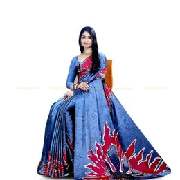 Blueish Gray with Red and White Satin Batik Saree
