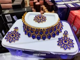 Gold-Plated Jewelry Set â Choker Necklace, Drop Earrings & Ring with Blue Sapphire Crystals