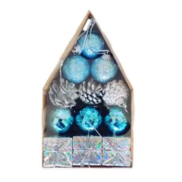 12 Pcs Christmas Tree Decoration Bauble & Gift Pack with Pines - Blue - Hanging Deco for Xmas Tress