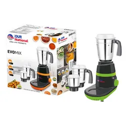 National EVOMIX 550W Mixer Grinder 3 Stainless Steel Jars 3 Speed Overload Protection ABS Body Wet Dry Chutney Grinder