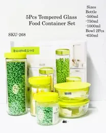 5-Piece Tempered Glass Food Container Set with Yellow Lids