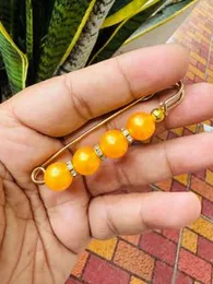 Gold Color Saree Pin with Yellow & Orange Shine Round 4 Pearl Big Brooch for Women
