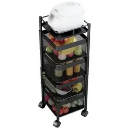 Metal 4 Layer Kitchen Rotating Trolley Organizer Stand for Kitchen â Black (4 Layer, with 5 compartments)
