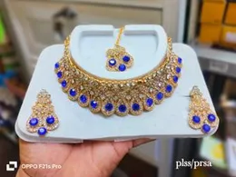 Gold-Plated Blue Stone & Faux Pearl Choker Necklace Set