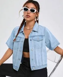 Flap Pocket Denim Jacket Button Down Short Sleeve Cropped Jean Jacket Coat
