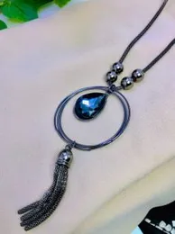 Black silver color long necklace with square black big and small stone pendent for women and girl.